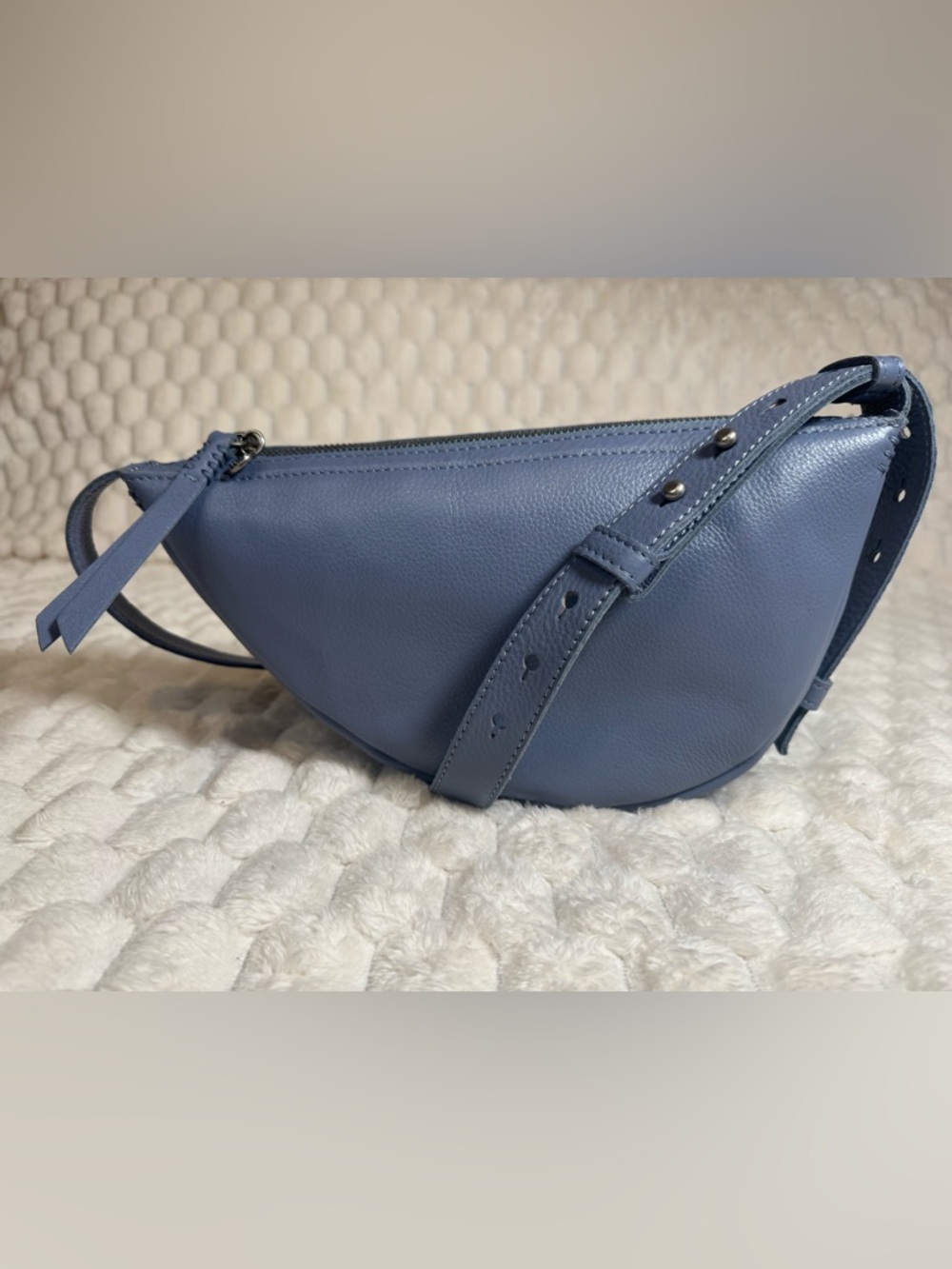 The Sak Tess Bag, Dusty Blue Leather Crescent Crossbody Bag